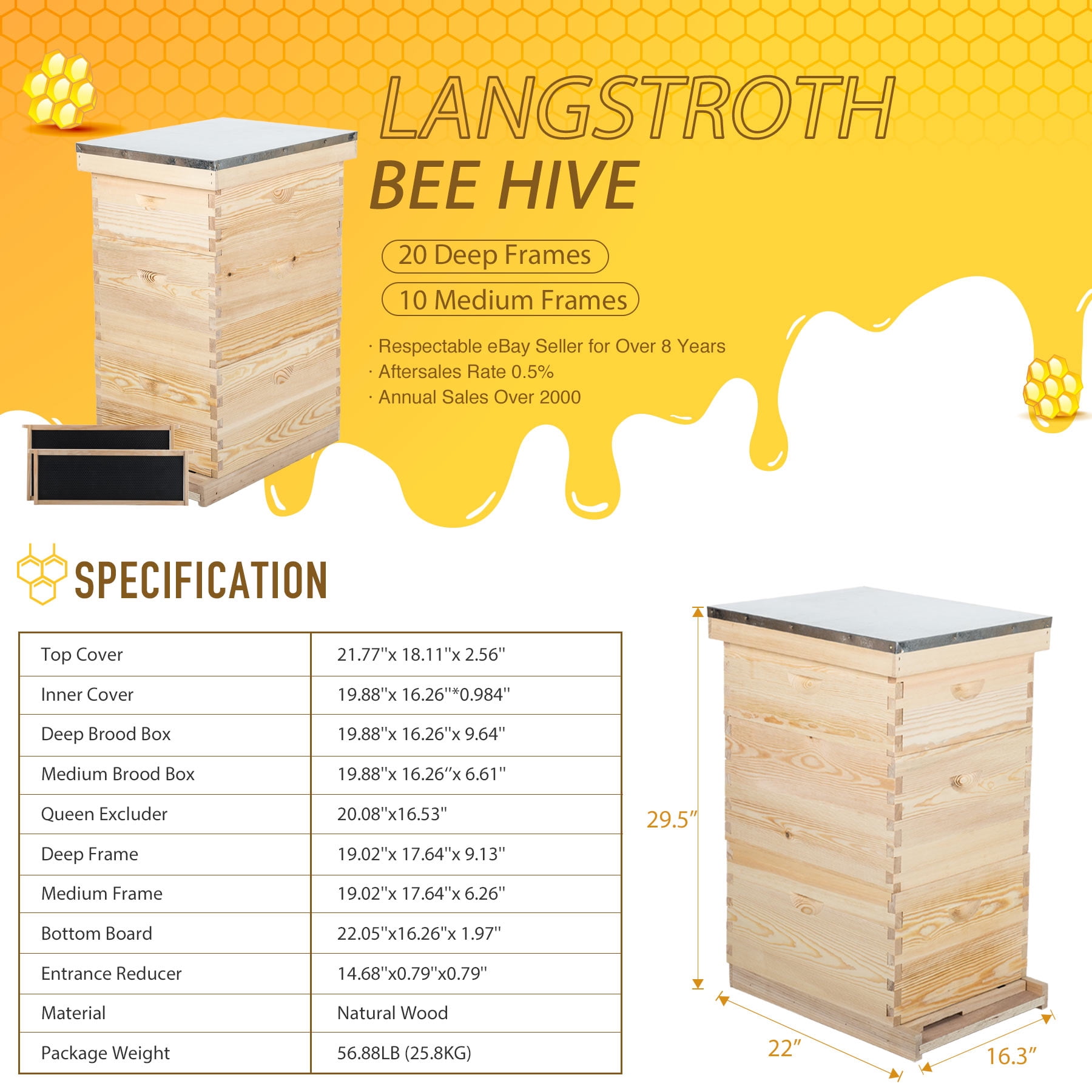 30-Frame Hive Frame/Bee Hive Frame/Beehive Frames w/ Metal Roof for Beekeeping