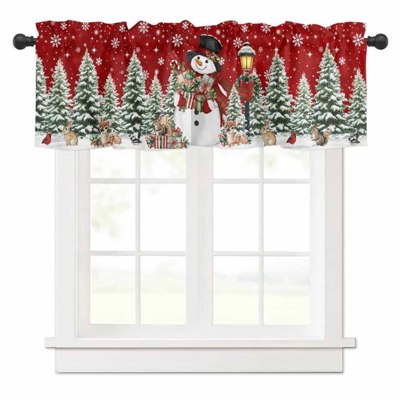 Christmas Valances for Windows Cute Hat Snowman Xmas Box Pine Trees Snowing Red Rod Pocket Curtain Valance Window Treatment Short Curtains for Kitchen Living Room, 60"x18"
