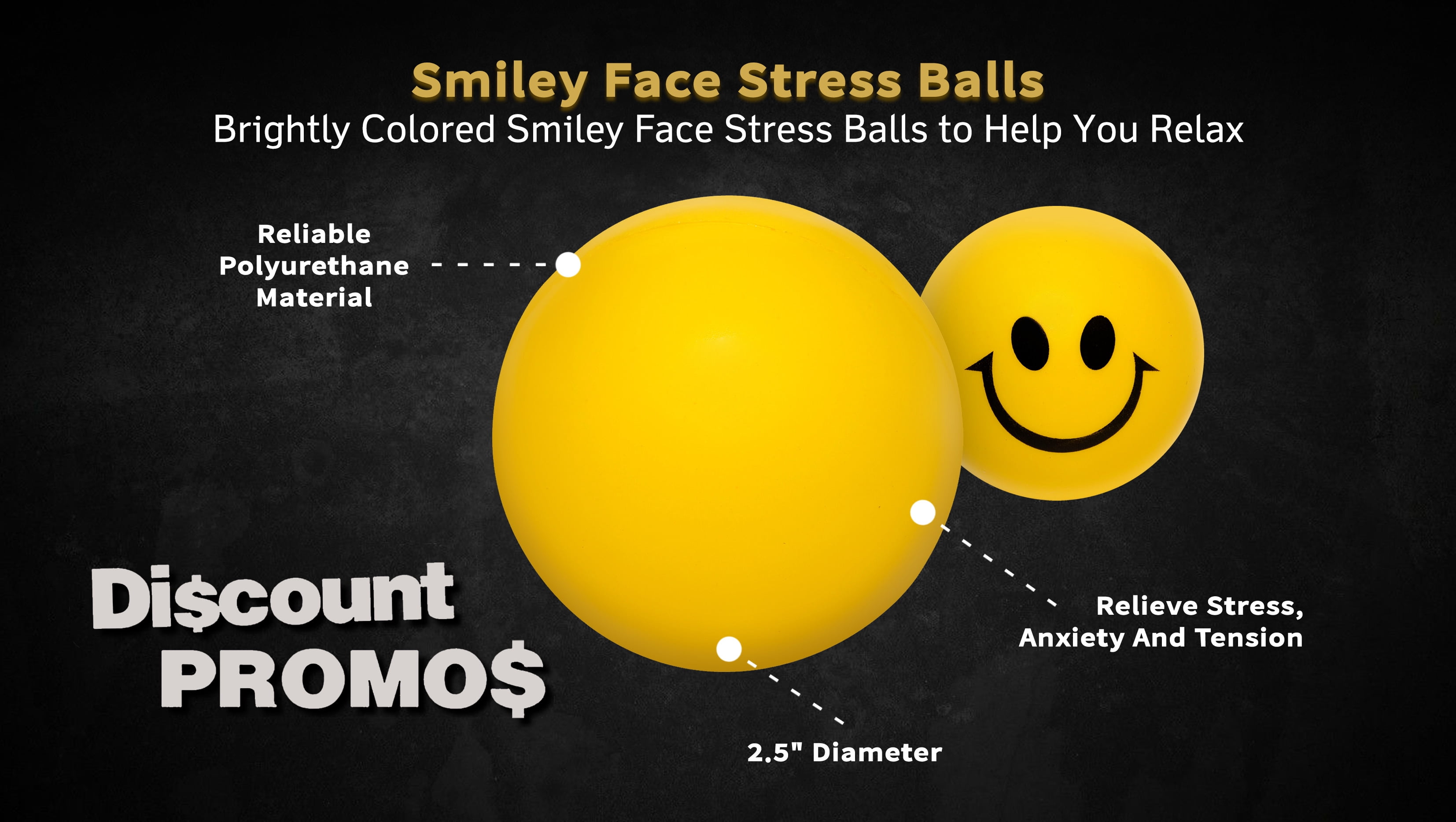 10 Smiley Face Stress Balls Pack - PU Foam, Squeezable, Soft - Yellow