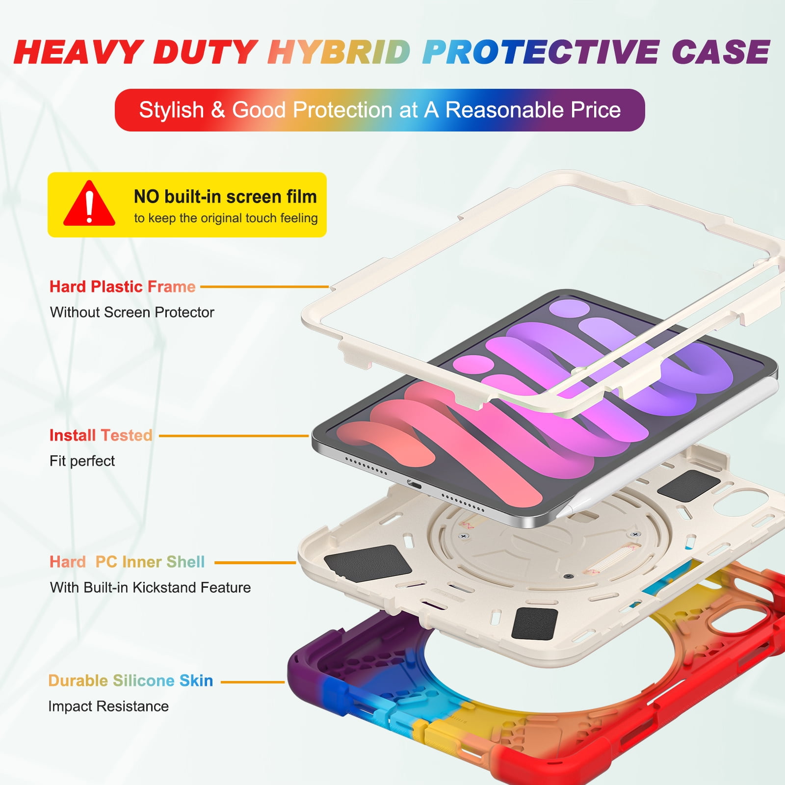 Rugged Case for 2021 Apple iPad Mini 8.3-Inch (6th Generation 2021 Release) - Rotating Stand Case with Hand Strap /Adjustable Shoulder Strap /Pencil Holder, Shockproof Protective Cover (Rainbow Red)