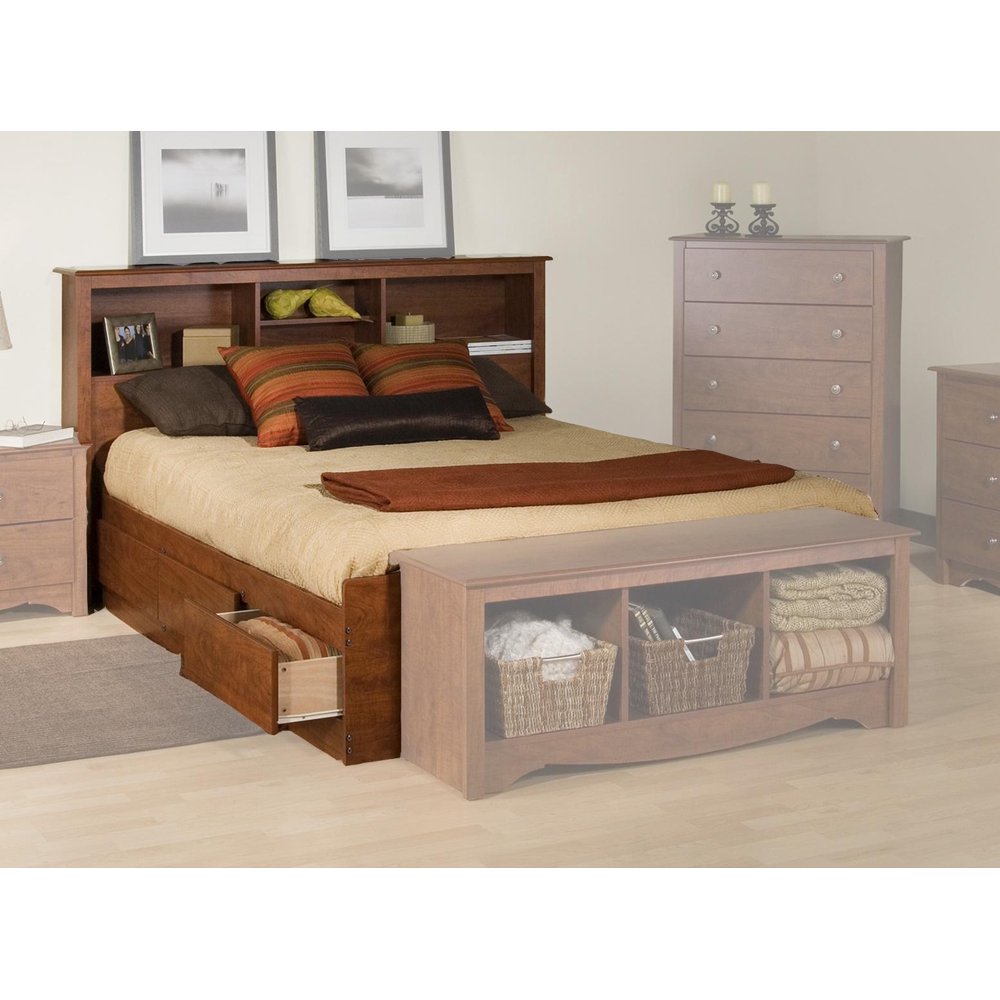 Platform Storage Bed w/ Bookcase Headboard-Bed Size:Queen,Color:Cherry