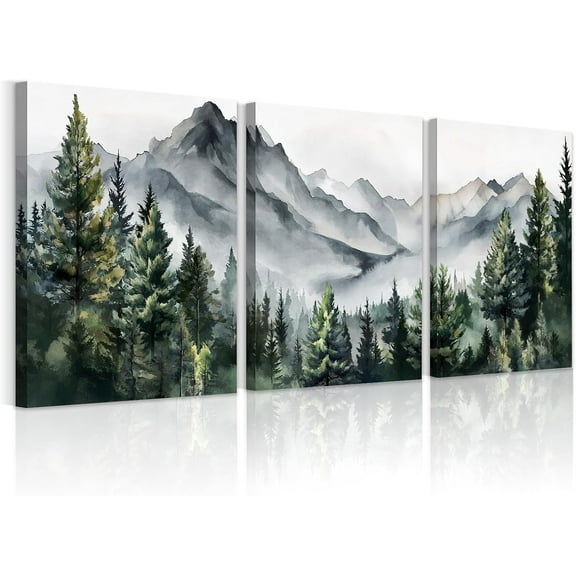 3 Pcs Green Misty Forest d Canvas Wall Art Modern Fog Mountain Landscape Wall Painting Watercolor Nature Pine Tree Art Print Pictures for Living Room Bedroom Office Home Decorations 12"X16"X3Pcs