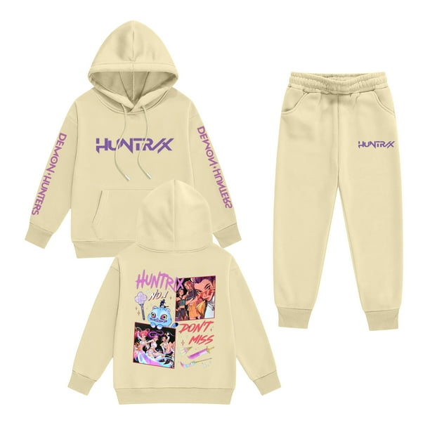 Pop cazadora para niña Demon Hunters Printed Anime Print Long-Sleeved Hooded Sweatshirt Set for Children 3-16 Years (Beige)