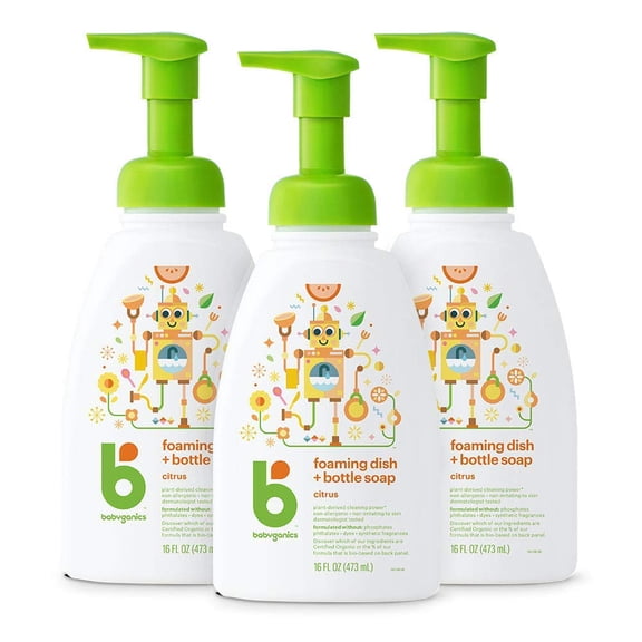Babyganics Foaming Dish & Bottle Soap, Pump Bottle, Fragrance Free, Plant-Derived Cleaning Power, Removes Dried Milk, 16 Fl Oz, (Pack of 3), Packaging May Vary
