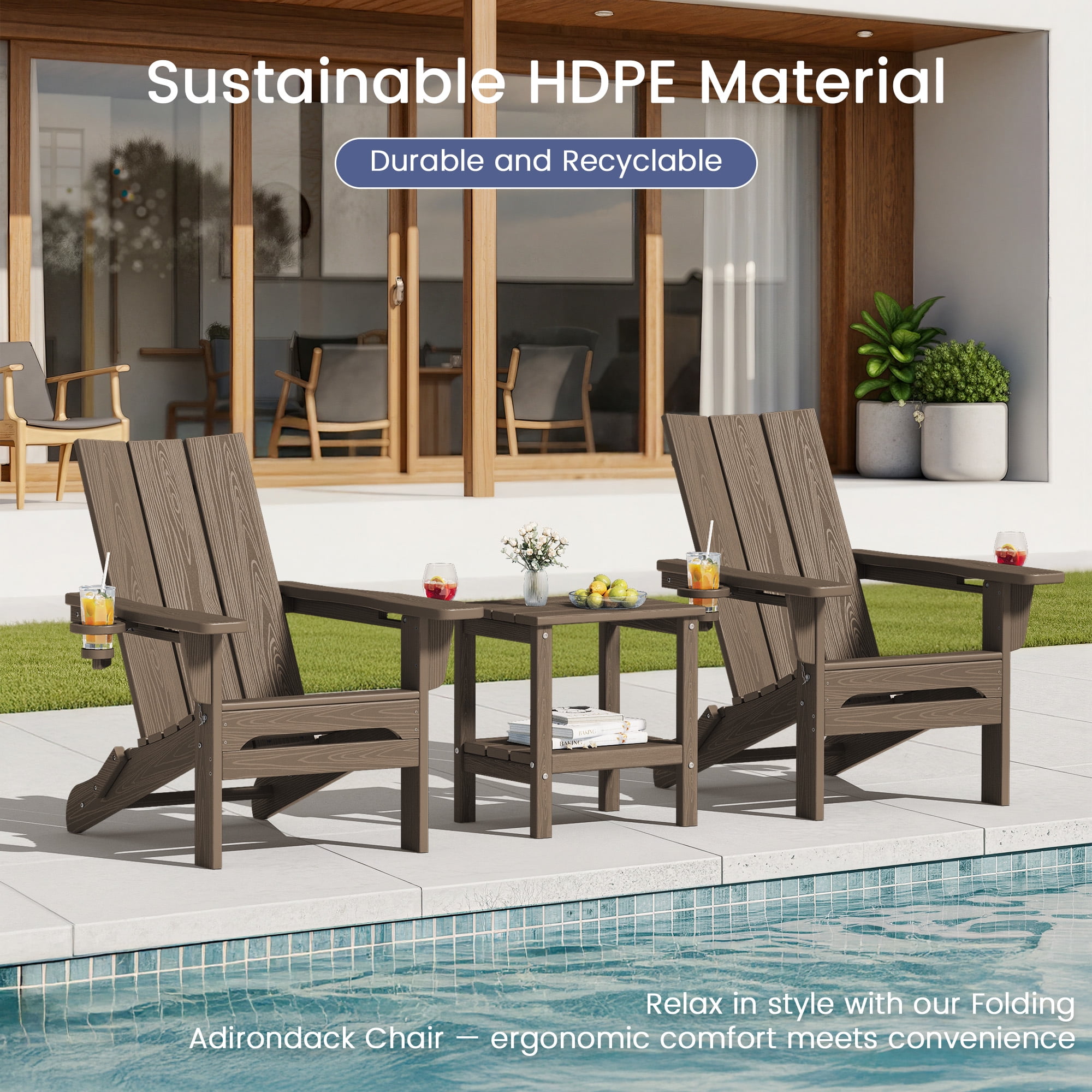 SERWALL Folding Adirondack Chair with 2 Cup Holders & Phone Slot, All-Weather Outdoor HDPE Patio Chair, Foldable Lawn Deck Chair, Brown