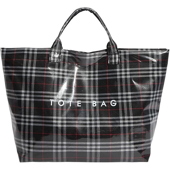 Christmas PVC Plaid Tote Bag for Women – Waterproof Large Capacity Tote with Top Handle, Festive Checkered Shopping Bag for Work, Travel, Beach, Groceries & Holiday Gift Giving