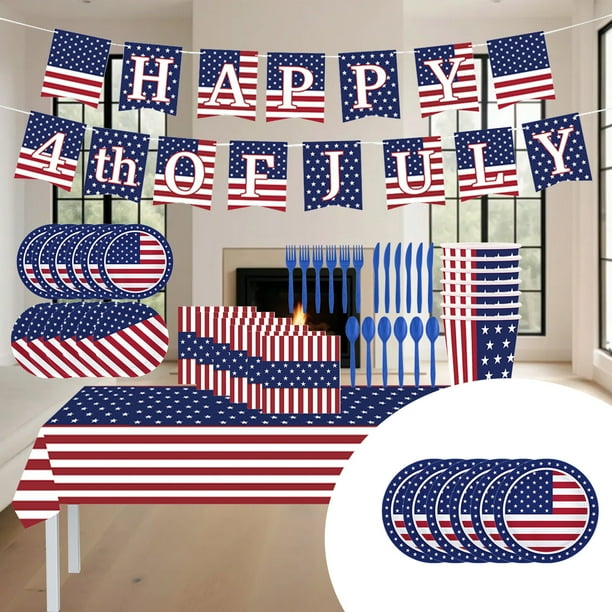 Set de Suministros para Fiesta Del Día de La Independencia con La Bandera de Ee. Uu. | Vasos, Platos, Cubiertos y Mantel Desechables | Vajilla Patriótica Multicolor para El 4 de Julio, Día Del Trabaj