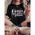 thumbnail image 1 of Casual Comfort) Women's Halloween-Themed "Pick Your Poison" Graphic Tee - Casual Crew Neck Short Sleeve T-Shirt with Spooky Potion Bottles & Bat Design, Comfortable Summer Top for Casual Attire, 1 of 6