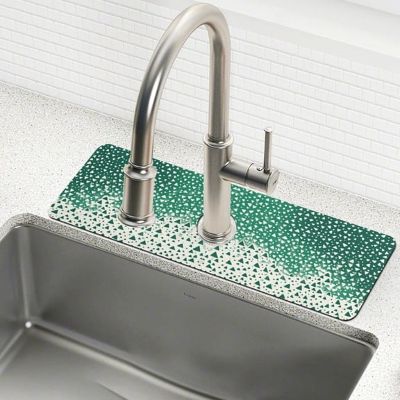 Yayeee Faucet Mat for Kitchen Sink 14.7" Diatomite Long Splash Guard Pad, Green and White Pattern
