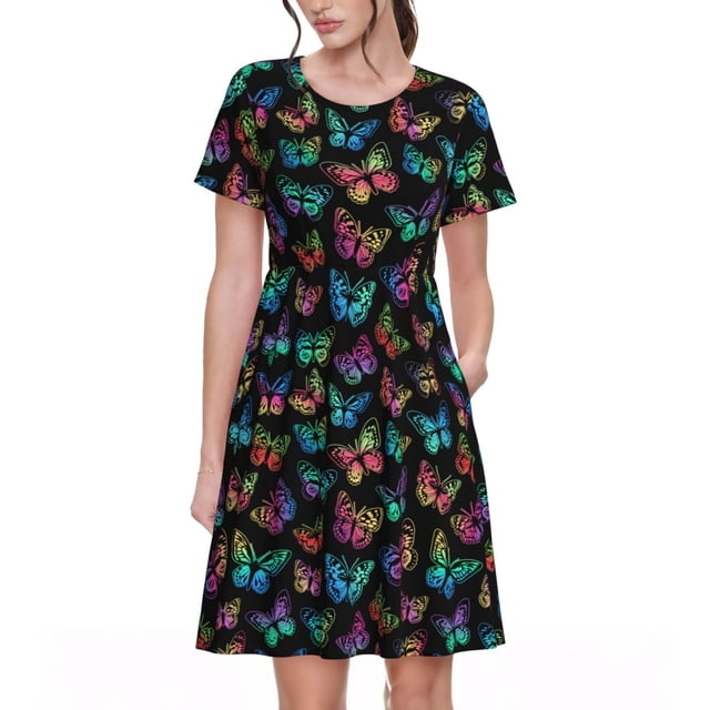 Fotbe Multicolored Butterflies Vestido Largo de Moda para Mujer, Vestido Tipo Camiseta con Manga Corta y Estilo Casual a Rayas y Bloques de Color