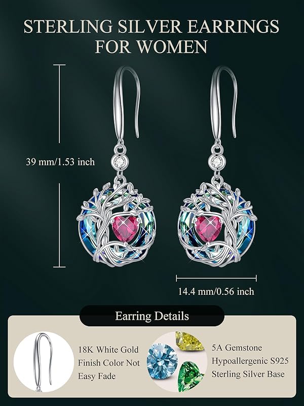 JKR Tree of Life Birthstone Earrings for Women 925 Sterling Silver Family Tree Dangle Earrings Austrian Crystal Jewelry Birthday Gifts for Her Girlfriend Wife Mom