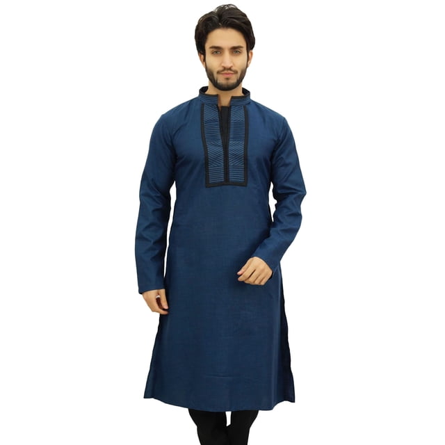 Atasi Chemise Tunique Décontractée pour Hommes en Coton Bleu Col Mandarin - Petite