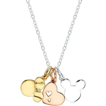 Disney Silver-Tone Tri-Tone Mickey Mouse and Minnie Mouse Heart Charm Necklace,