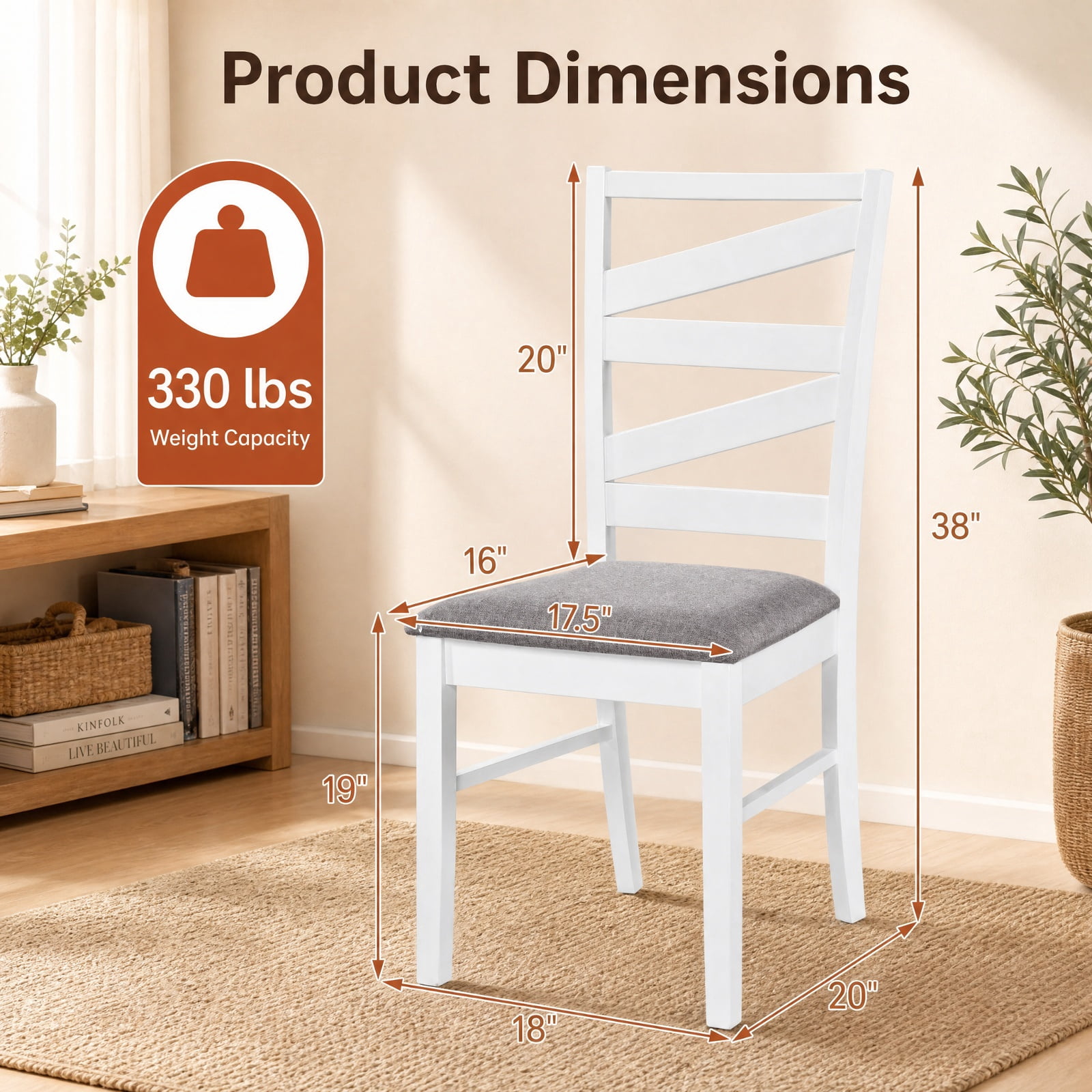 Furnibear Farmhouse Dining Chairs Set of 2 Upholstered with Tall Backrests and Rubber Wood Frames for Kitchen Dining Room, White