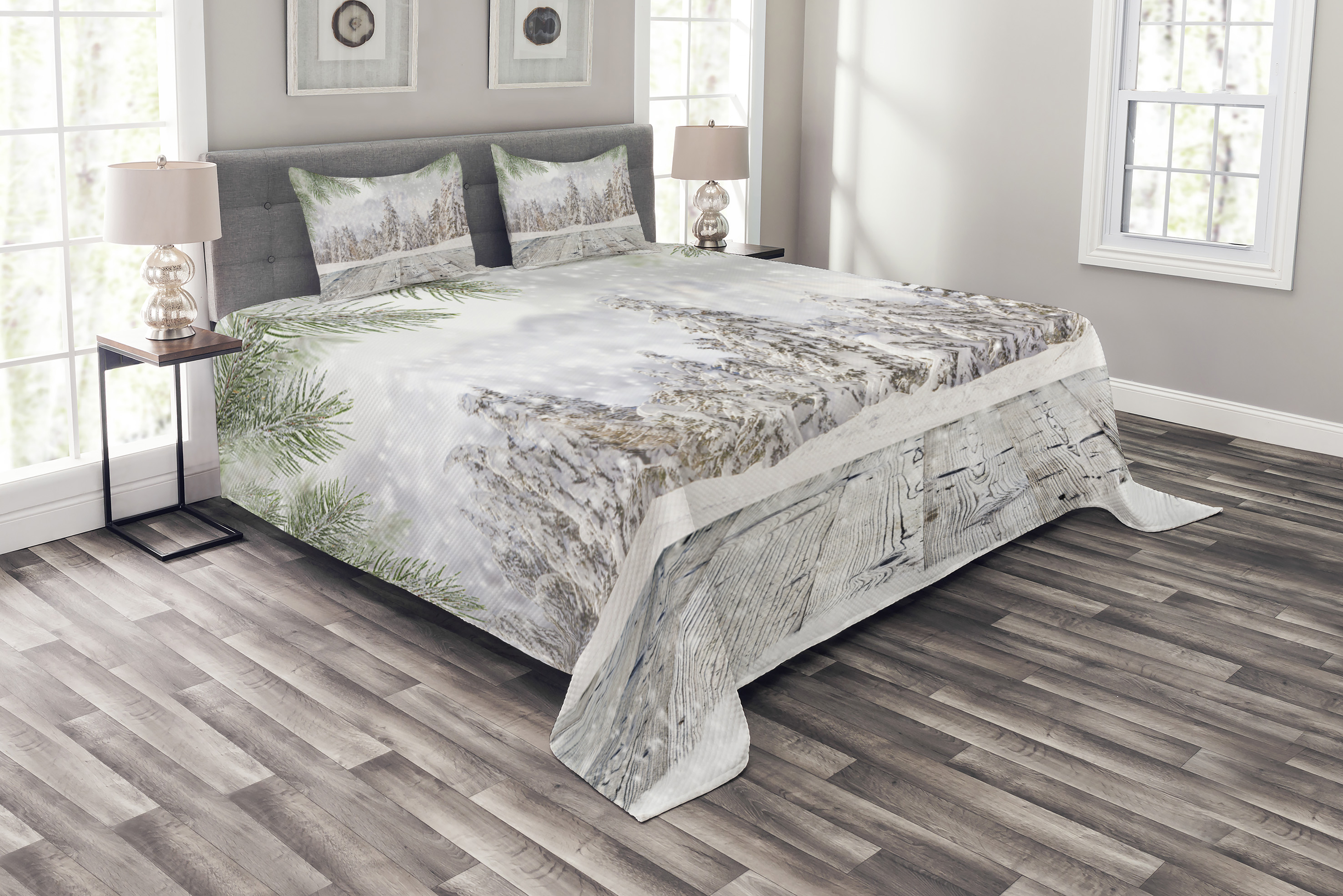 Winter Bedspread Set, Abstract Christmas Theme with Snow Covered Forest