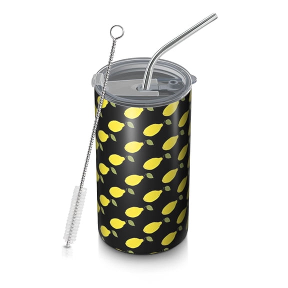 20oz Coffee Tumblers Yellow Lemon Fruits Black Pattern Stainless Steel Vacuum Insulated Travel Tumbler Coffee Cups Mug with Lid and Straw with Cleaning Brush for Cold & Hot Drinks