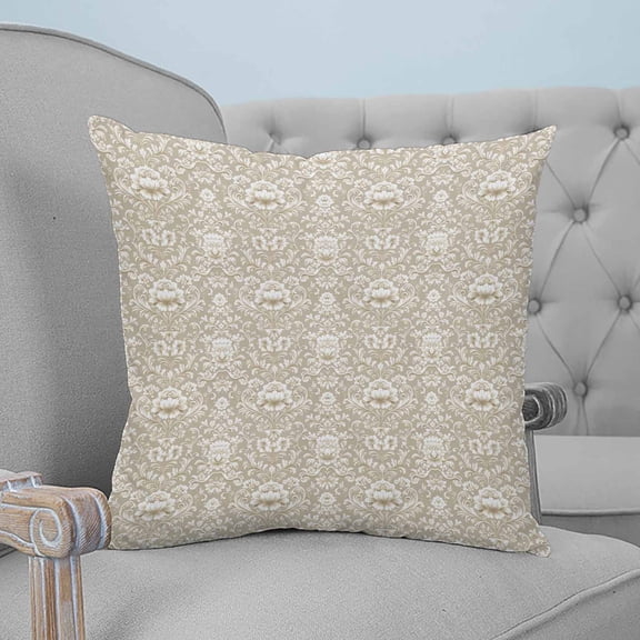 Beige Damask Throw Pillow Covers, Soft Pillowcases with Invisible Zipper, Vintage Country Scroll Floral Patterned Decorative Square Pillow Cushion Covers for Living Room Couch Sofa Bed 26x26 Inches