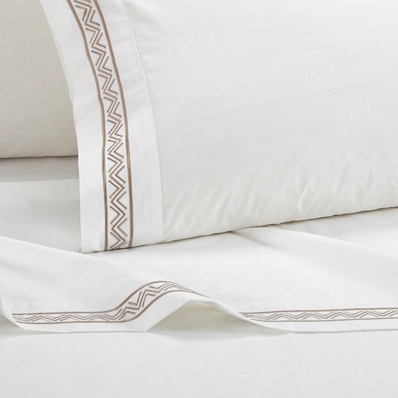 4 Piece Orden Organic Cotton Sheet Set Solid White With Dual Stripe Embroidery