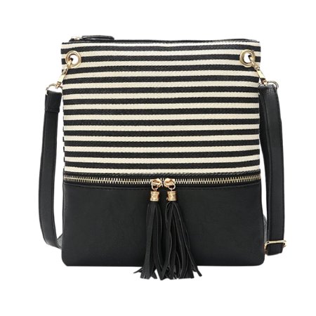 PMUYBHF Crossbody Bags for Women Trendy Leather Small Tote Bag for Women Beach Black Ladies Fashion Color Blocking Striped Canvas Leather Panel Simple Tassel One Shoulder Messenger Bag