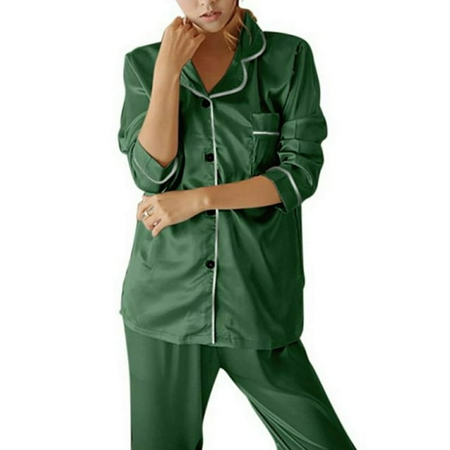 CNKOO Pajamas Ladies Silk Satin Pajamas Set Button Pajamas Home Service Long-sleeved Pajamas Spring And Summer Imitation Silk Set