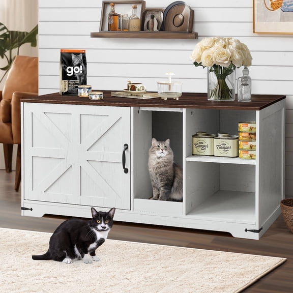 JanflyHome Cat Litter Box Enclosure,  43.3 inches Hidden Litter Box Furniture Cabinet with Storage, Cardboard, Light, Wood Indoor Cat House Washroom, Farmhouse Style, Rustic Brown Oak
