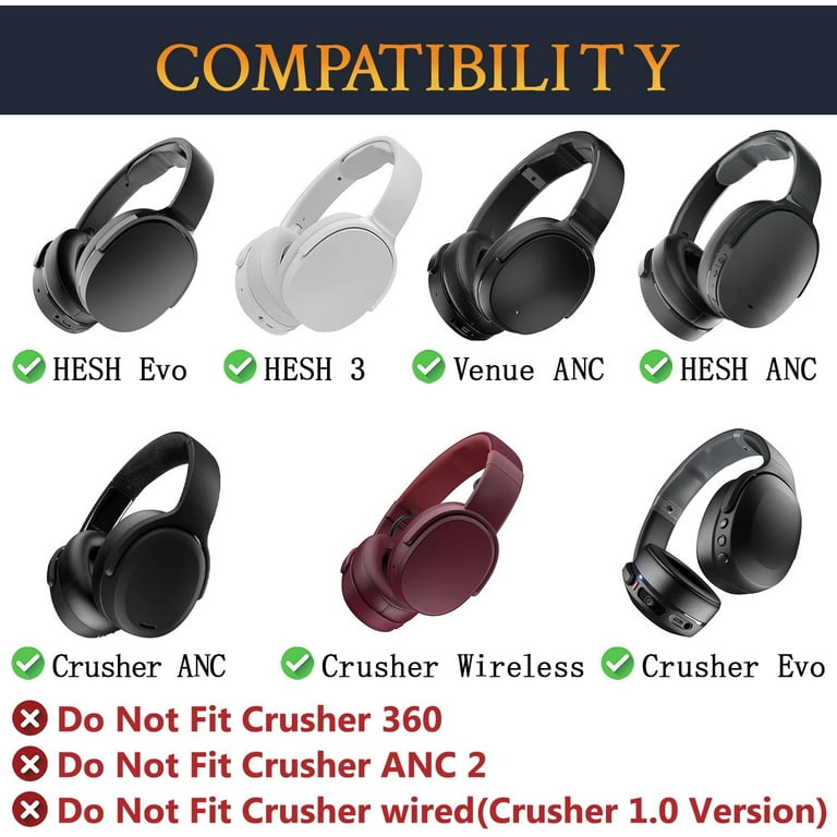 Replacement Ear Pads For Skullcandy Crusher/Hesh/Venue ANC Headphones - Soft Protein Leather & Memory Foam Cushions (Black)