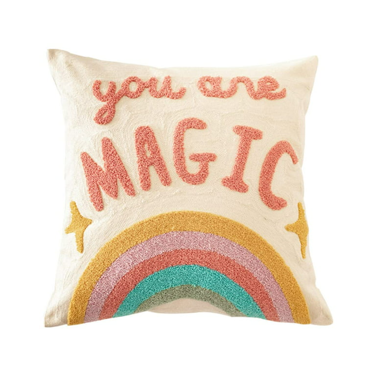 Fennco Styles Embroidered You Are Magic Decorative Cotton Throw Pillow Cover 17 inch W x 17 inch L - Colorful Rainbow Cushion Case for Home, Kids Room