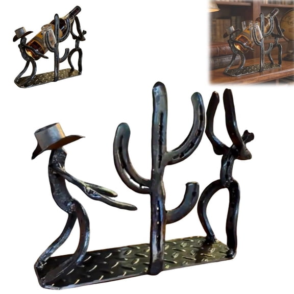 Western Cowboy & Cactus Wine Bottle Holder - 2-in-1 Metal Decorative Rack with Glass Holder, Rustic Bar & Dining Table Decor for Wine, Whiskey & Liquor Bottles