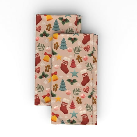 

Cotton Sateen Dinner Napkins (Set of 2) - Christmas Party Holly Holidays Gingerbread Man Blush Print Cloth Dinner Napkins by Spoonflower