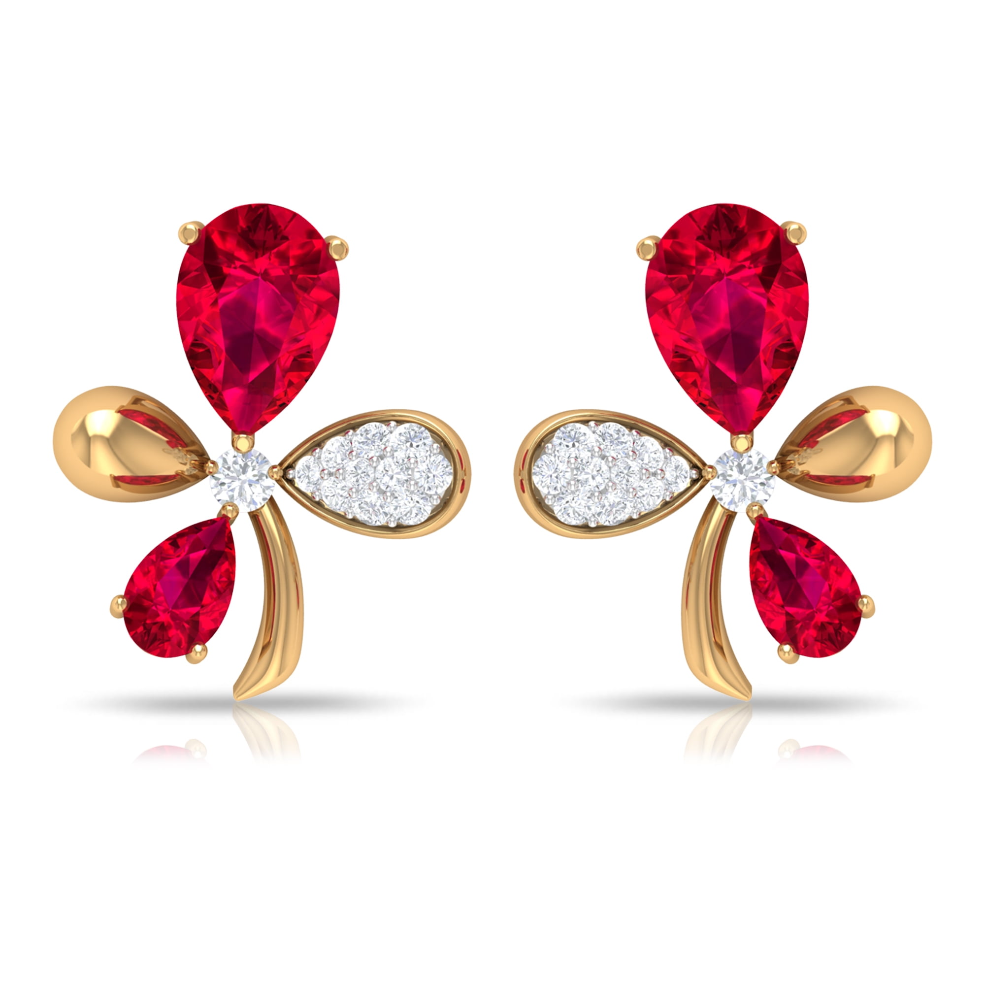 1.50 CT Pear Cut Created Ruby and Diamond Clover Stud Earrings, 14K White  Gold