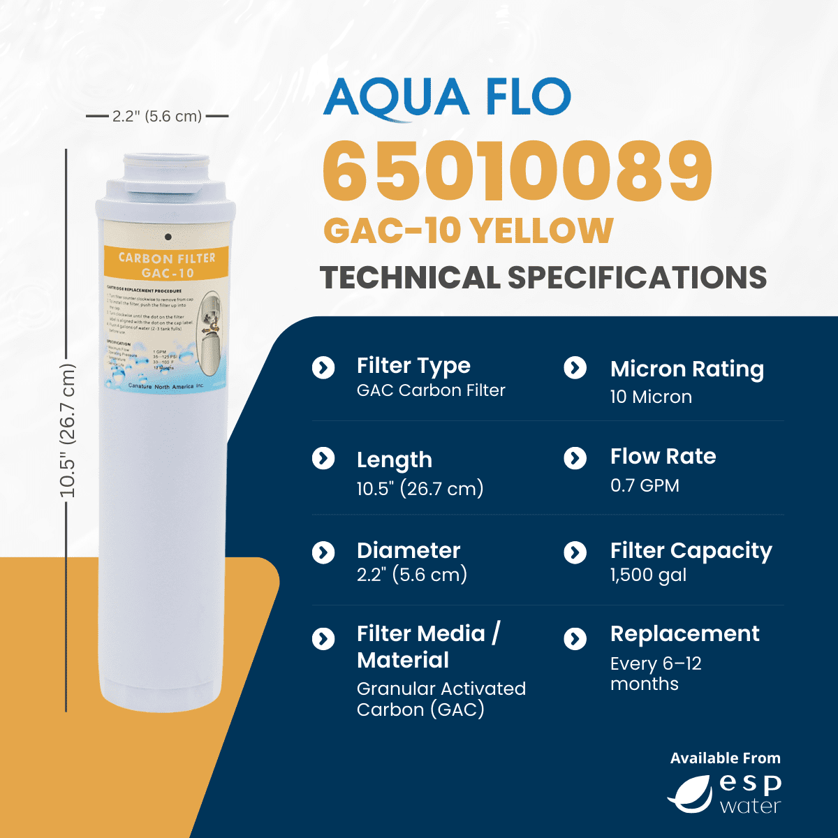 Aqua Flo 65010089 Yellow GAC Water Filter Cartridge, 10 Micron, Replacement for 475QC & 475 Pro Series RO Systems