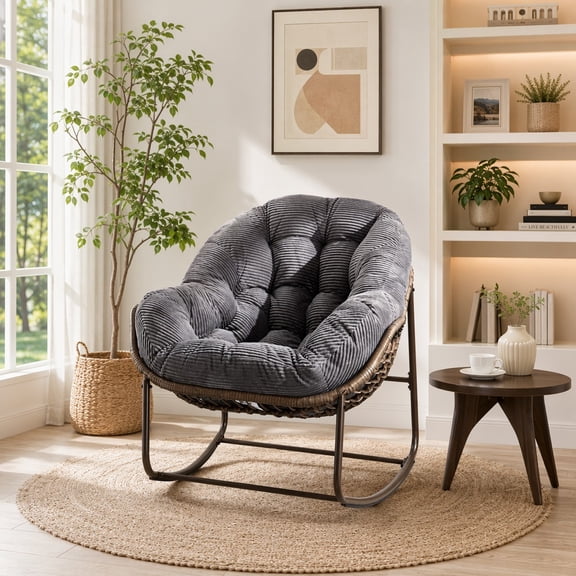 MORPAZX Outdoor Rattan Rocking Chair with Padded Cushion, Gray