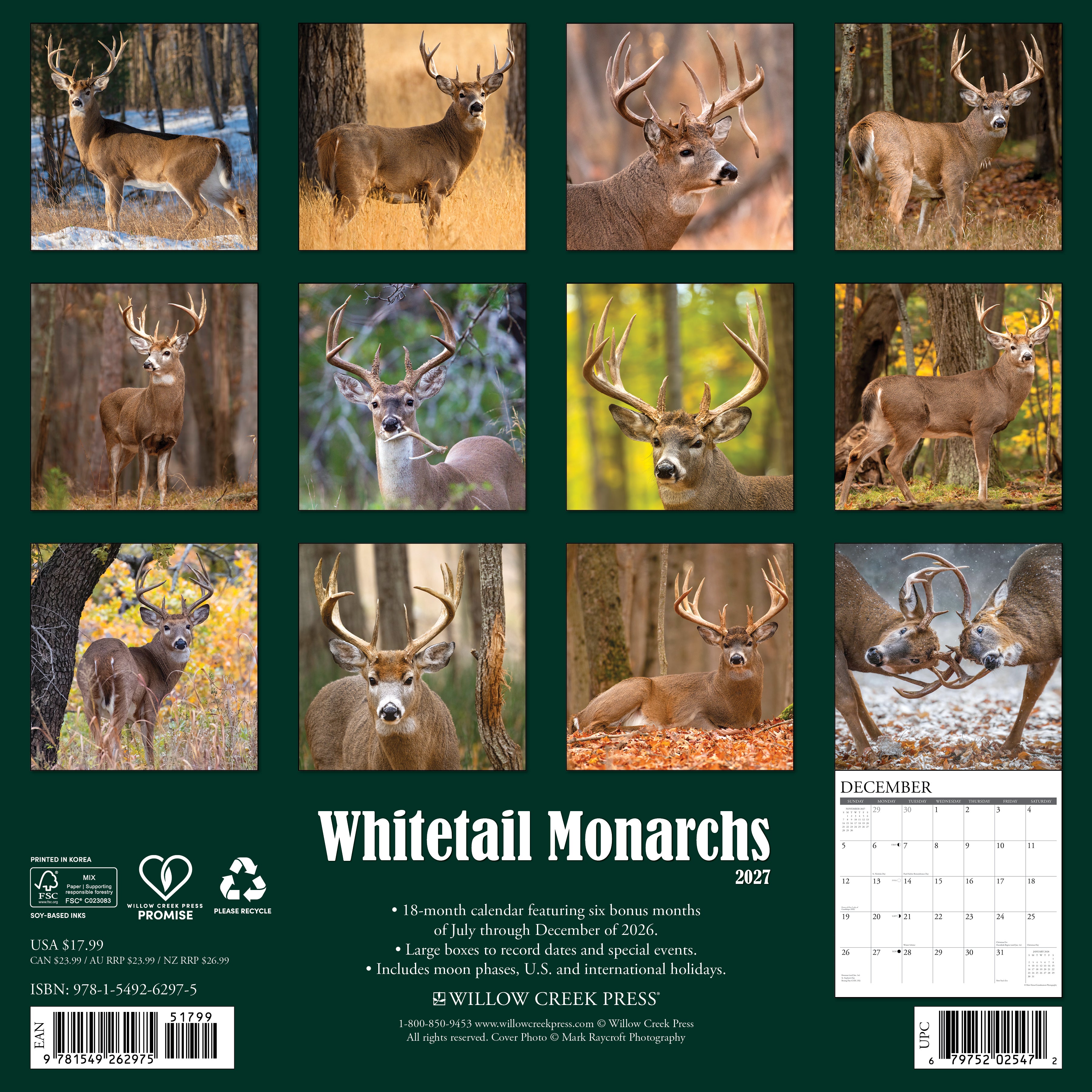 Willow Creek Press, Whitetail Monarchs (Deer) 2027 Wall Calendar