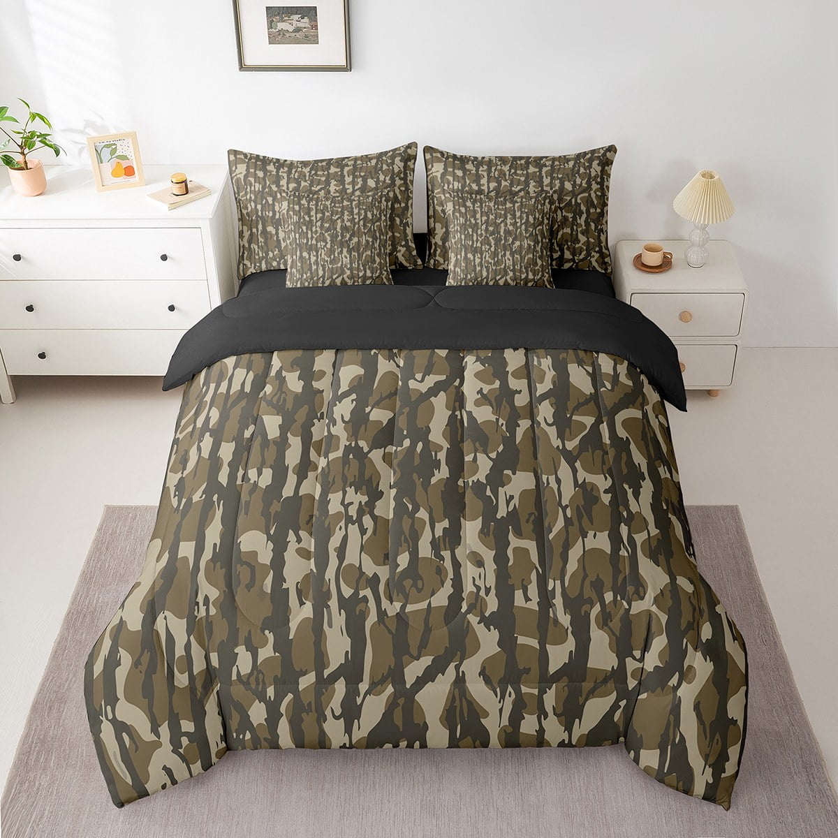 Manfei Abstract Camouflage Bedding Comforter Set 7pcs,Geometric Camo Queen Bedding Sets Super Cozy,Vintage Aesthetic Queen Sheet Sets,Ultra Soft Teenager Bedroom Decor