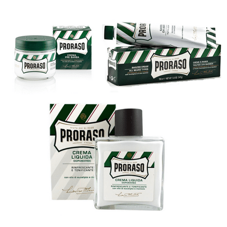 Shave Balm - Proraso Menthol & Eucalyptus Set: Pre-shave Cream 3.6oz + Shave Cream 5.2oz +Aftershave Balm 3.4oz + Makeup Blender Stick, 12 Pcs