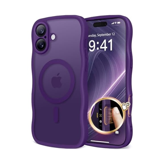 Eryueer for iPhone 16 Case for Women Girls, Upgraded [Full Camera Protection] [Compatible with MagSafe] Cute Wave Translucent Matte Phone Case for iPhone 16, Deep Purple