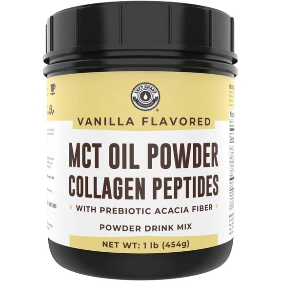Left Coast MCT Oil Powder Drink Mix with Collagen Peptides and Acacia Fiber, Vanilla, 1 lb