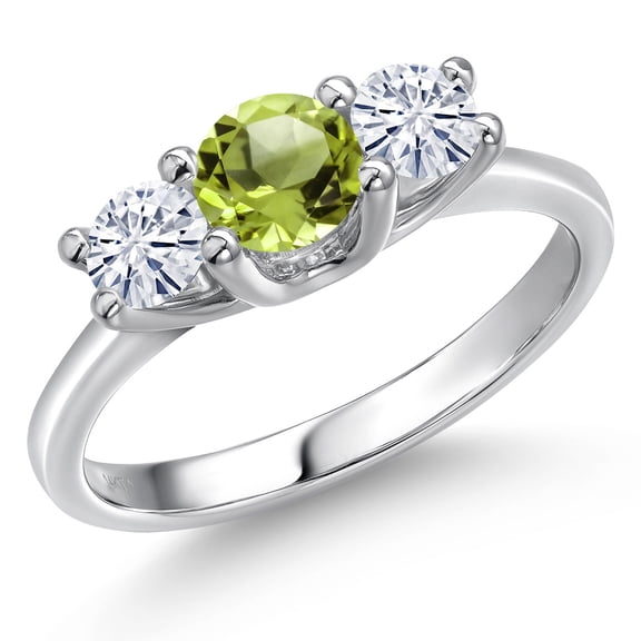 Gem Stone King 14K White Gold Green Peridot & White Moissanite 3-Stone Engagement Ring | 1.01 Cttw | Round 5MM and 4MM | Three Stone Wedding Anniversary Promise Ring for Women (Size 9)