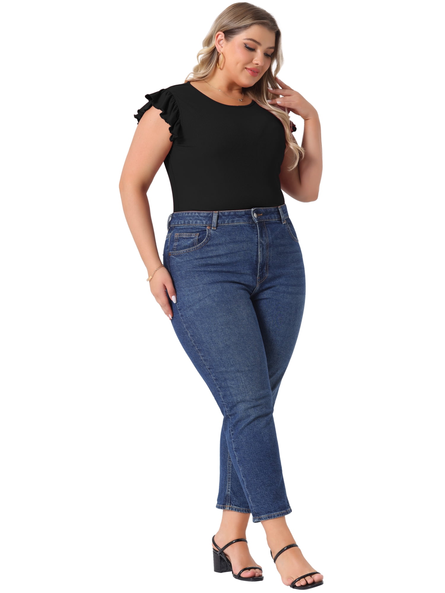 DARING DIVA Women's Plus Ruffle Sleeveless Slim Fit Stretchy Bodysuit 4X Black
