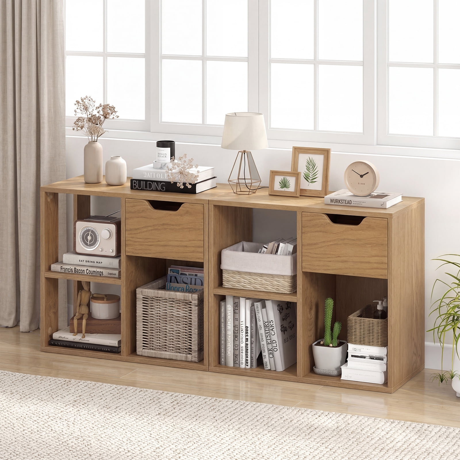 Goplus 2 PCS Bookshelf with Drawer, Freestanding Storage & Display Shelf for Living Room Natural