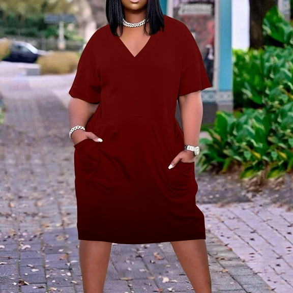 up to 60% off Gifts Usmixi Formal Dresses for Women Casual Plus Size Swing Tunic Knee-Length Dresses with Pocket V-Neck Short Sleeve Solid Summer Midi Dress Wine XXXL