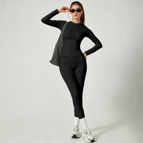 Women's Y2K Casual Workout 2 Piece Outfits Slim Long Sleeve Leggings Soft Stretchy Tracksuit Streetwear
