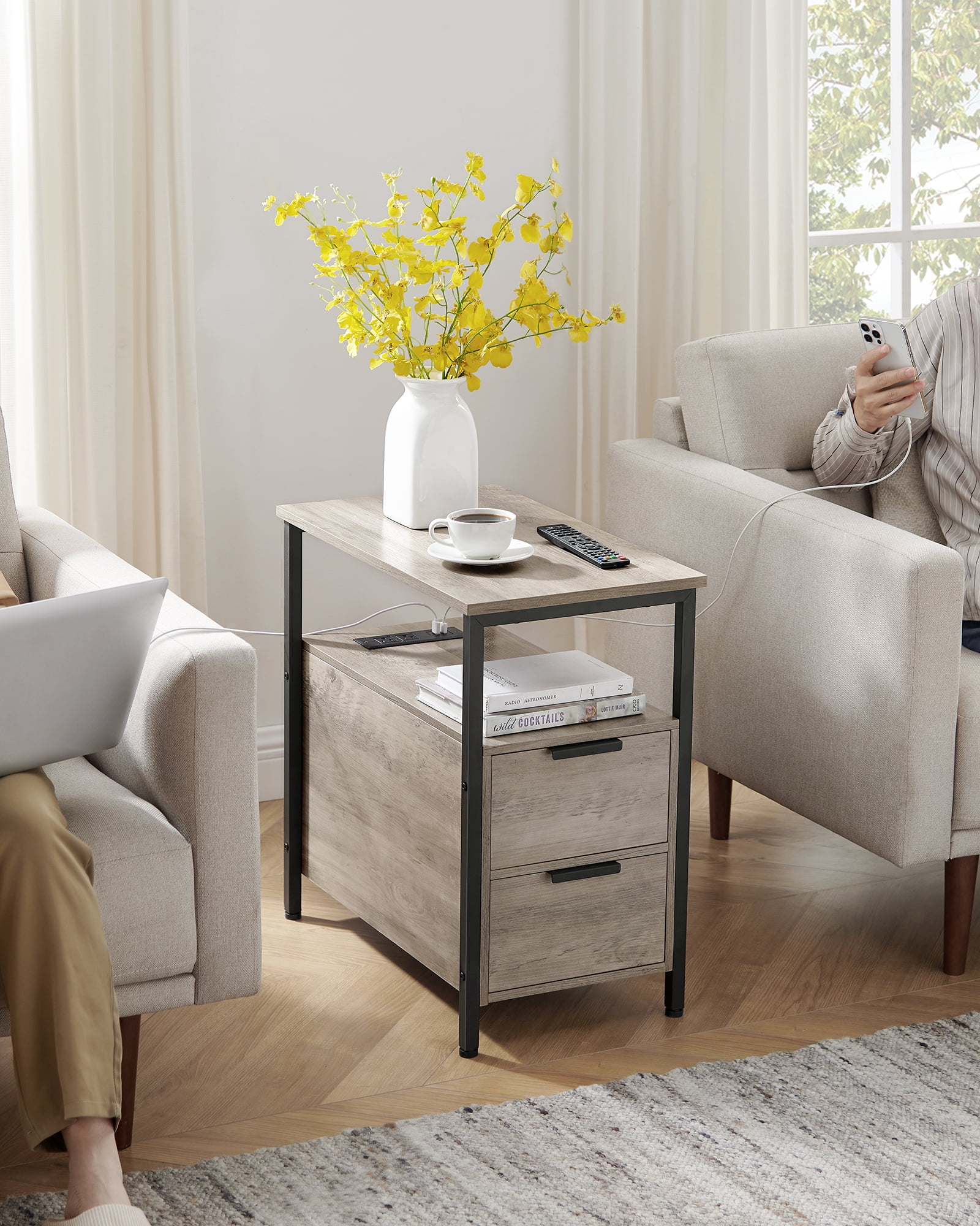 Side Table with Charging Station, Narrow End Table with 2 Drawers, Slim Nightstand and Bedside Table with Storage Greige and Black