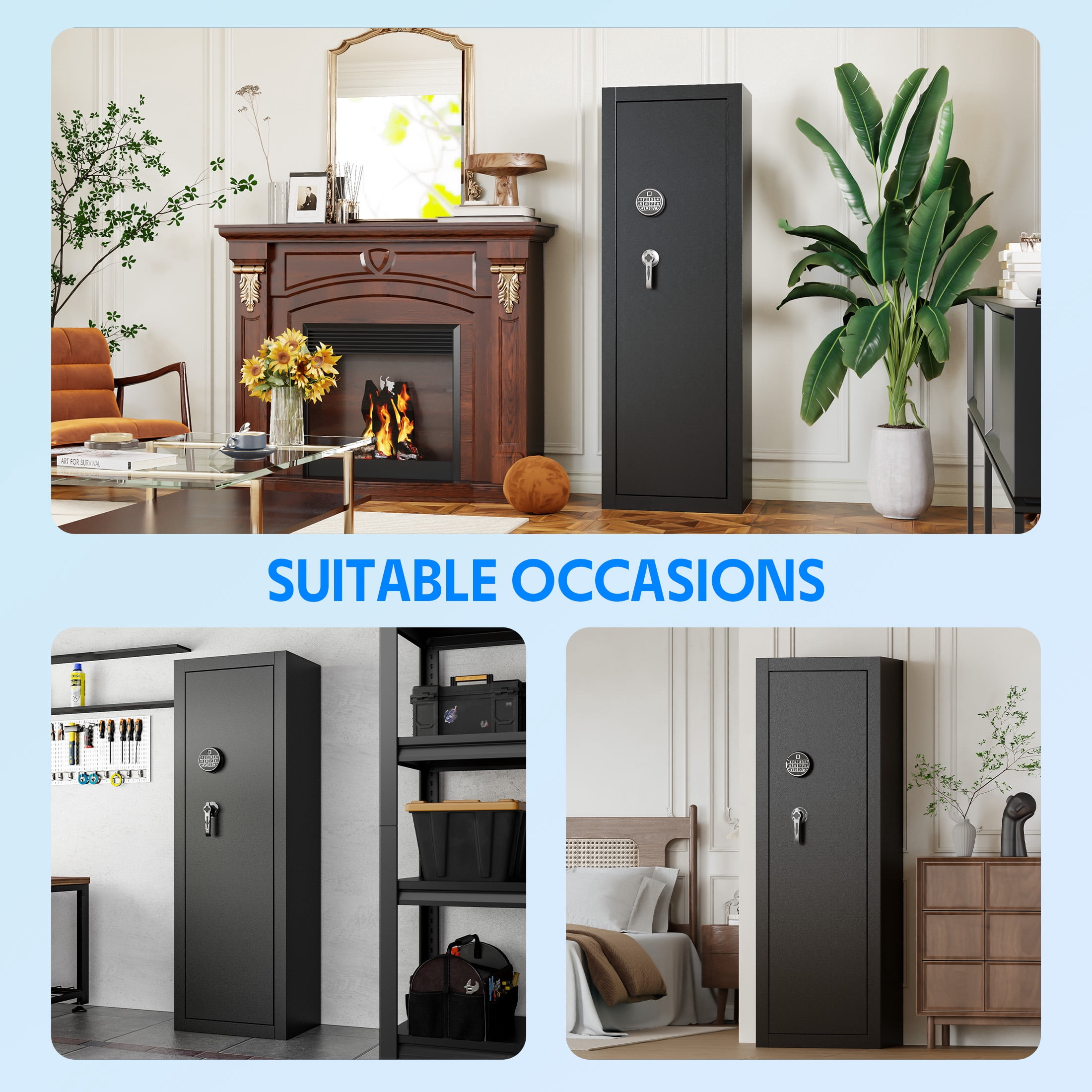 Sapital gun safe, biometric rifle and shotgun safe, heavy-duty assembled gun cabinet with adjustable storage compartments, suitable for bedrooms, living rooms, and wardrobes (black).