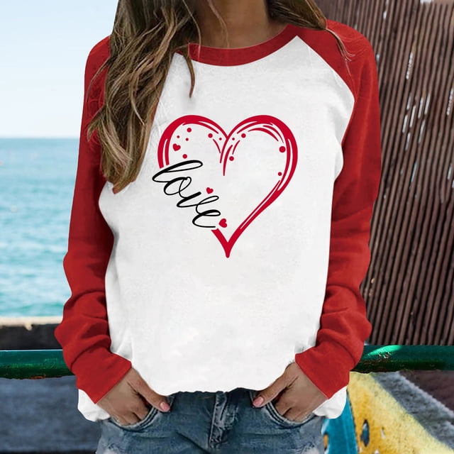Qertyioot Mode Femme Bloc de Couleur Saint-Valentin Blouse Décontractée T-shirt Haut