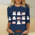 thumbnail image 2 of Women's Funny Halloween T-shirts 3/4 Sleeve Round Neck Ghost Graphic Printed Casual Tees Holiday Tops Plus Size (XL, Navy 01), 2 of 4