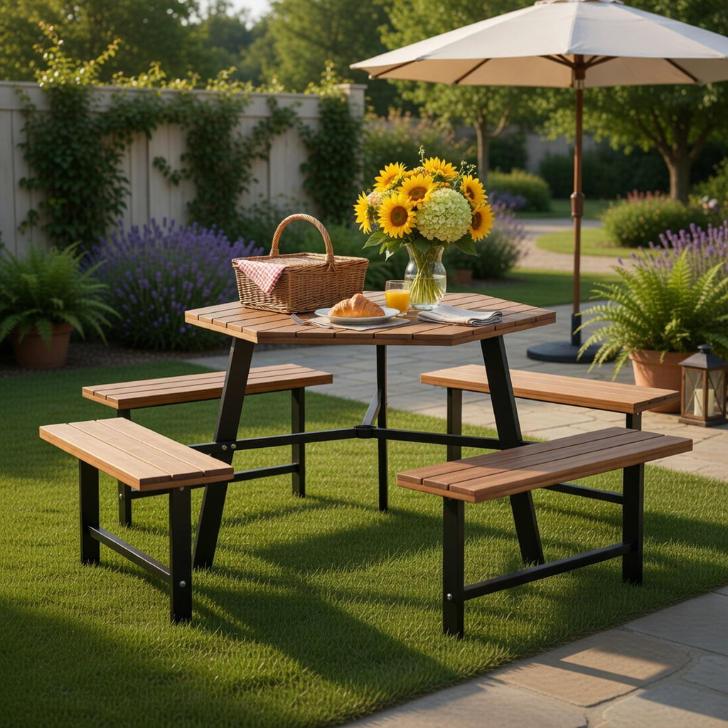 Hommoo 6-Person Acacia Wood Outdoor Picnic Table Set with 3 Benches, Rust-Resistant Metal Frame, Umbrella Hole & Adjustable Feet, Brown & Black