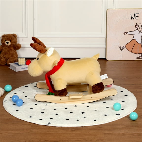 Kids Ride-On Rocking Horse Toy with Lullaby Song,Moose Rocking Toy with Hand Puppets and Safety Belt For Children 1-3 Years,Soft Plush Fabric,Apricot,CPC Certified
