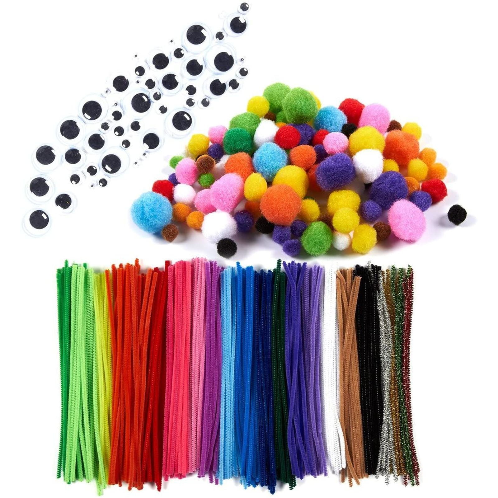 Pipe Cleaners Pom Poms All in 1 Craft Set 6mm x 12 inch Chenille Stems Assorted Color Self Adhesive Wiggle Googly Eyes Rainbow Wooden Popsicles DIY Art for Boys Girls Crafts Assorted Sizes