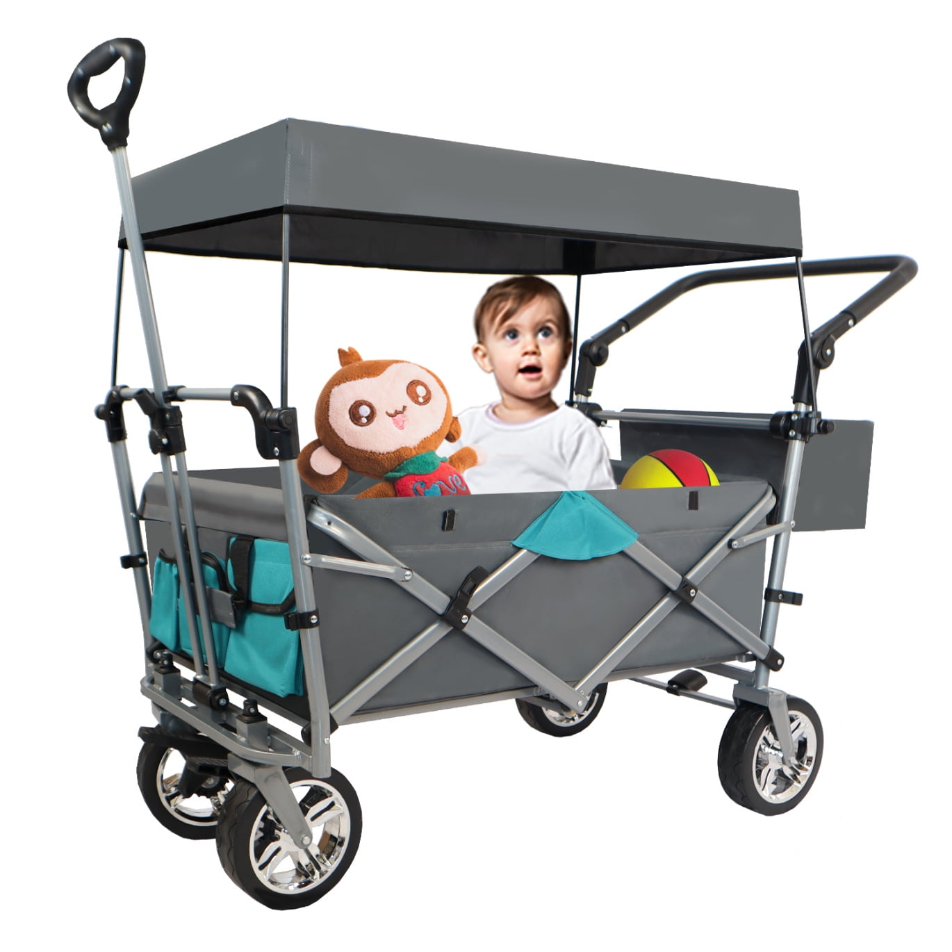 Heavy-Duty Folding Wagon with Removable Canopy - All-Terrain Collapsible Cart for Beach, Camping & Outdoor Adventures, 150 lb Capacity, Compact Foldable Design for Easy Storage & Transport